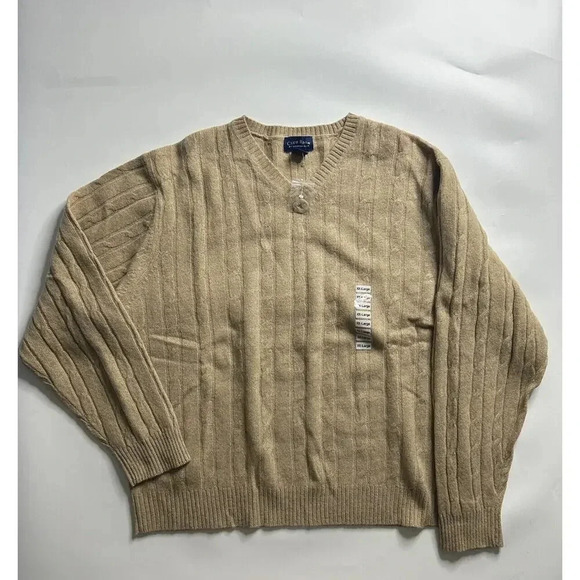 Club Room Sweater Mens 2XL 100% Lambswool Beige V-Neck Cable Knit Pullover - Picture 1 of 5